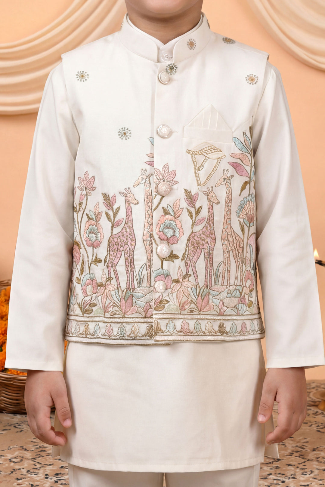 Boys Cotton Satin Kurta Pyjama Set with Floral Giraffe Embroidered Waistcoat - Off White | SHOBITAM