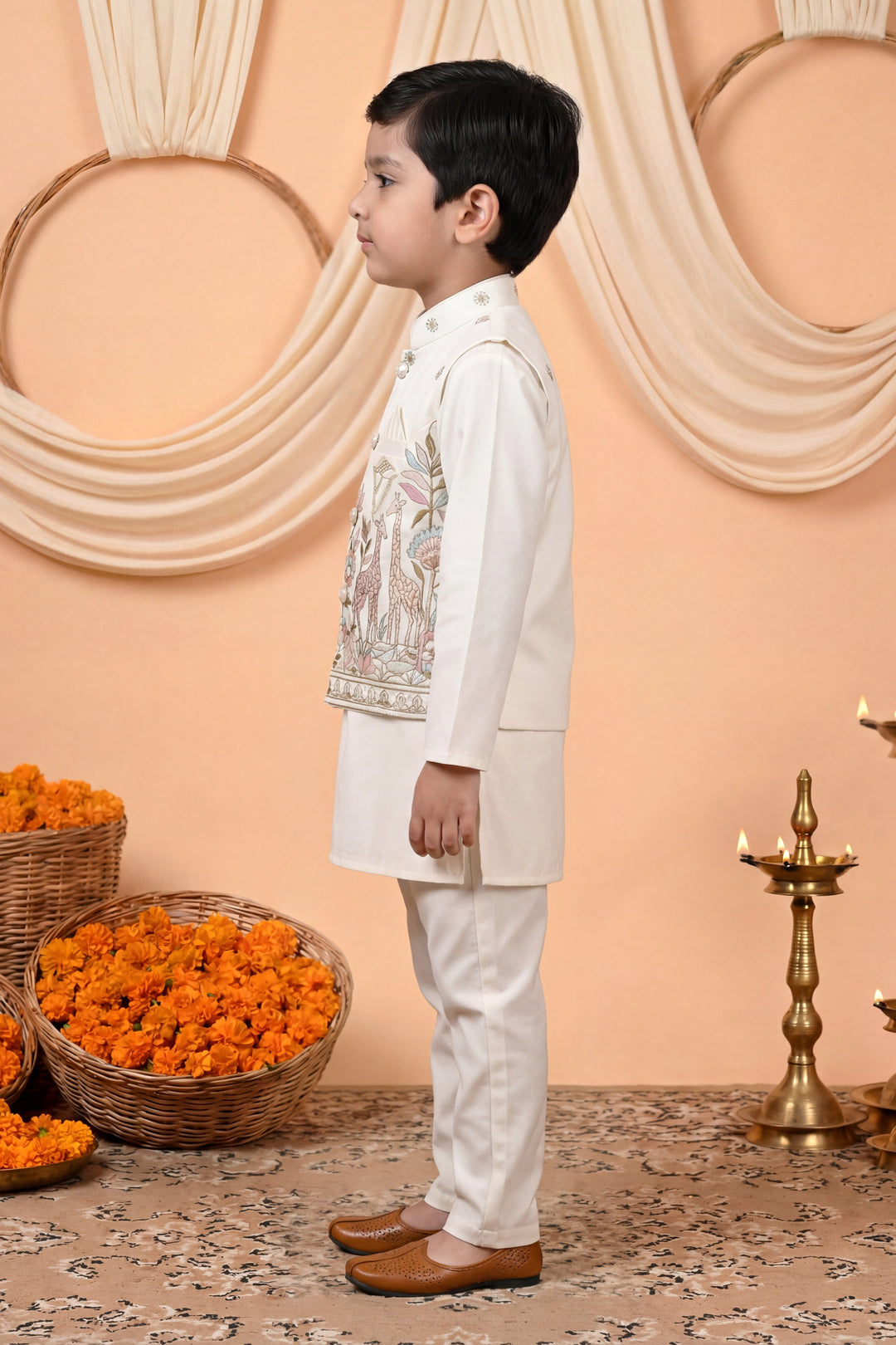 Boys Cotton Satin Kurta Pyjama Set with Floral Giraffe Embroidered Waistcoat - Off White | SHOBITAM