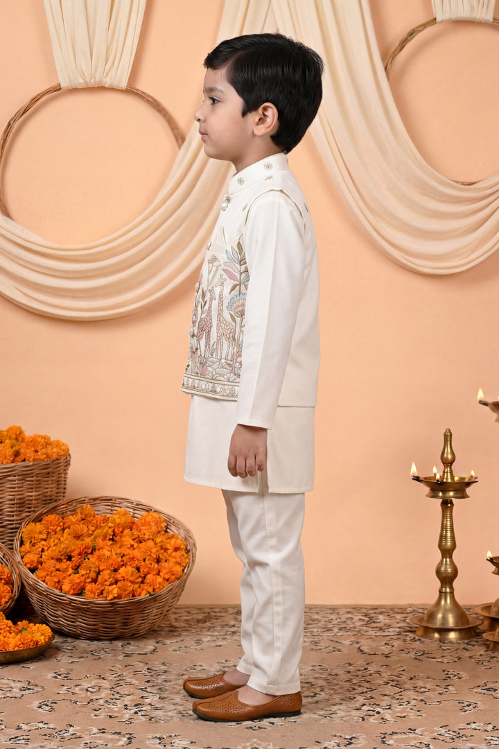 Boys Cotton Satin Kurta Pyjama Set with Floral Giraffe Embroidered Waistcoat - Off White | SHOBITAM