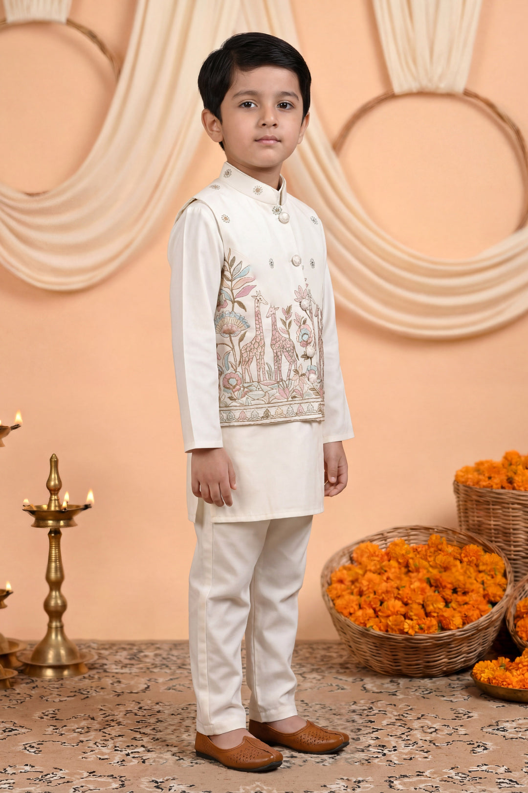 Boys Cotton Satin Kurta Pyjama Set with Floral Giraffe Embroidered Waistcoat - Off White | SHOBITAM