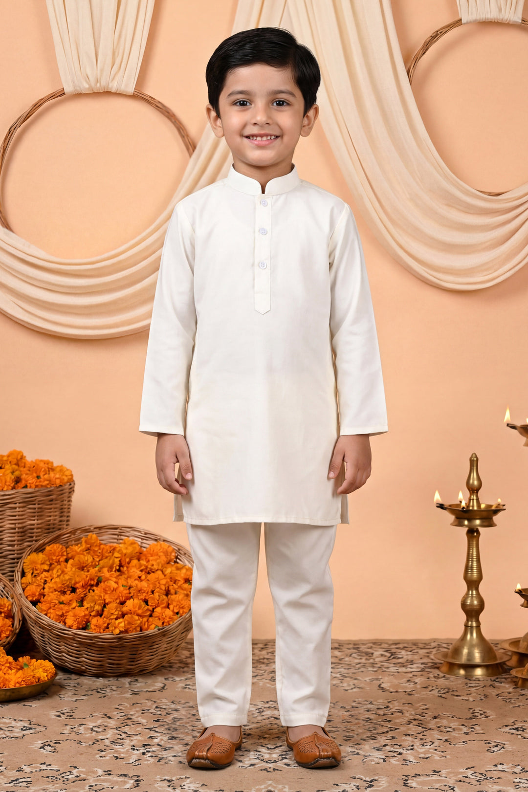 Boys Cotton Satin Kurta Pyjama Set with Floral Giraffe Embroidered Waistcoat - Off White | SHOBITAM