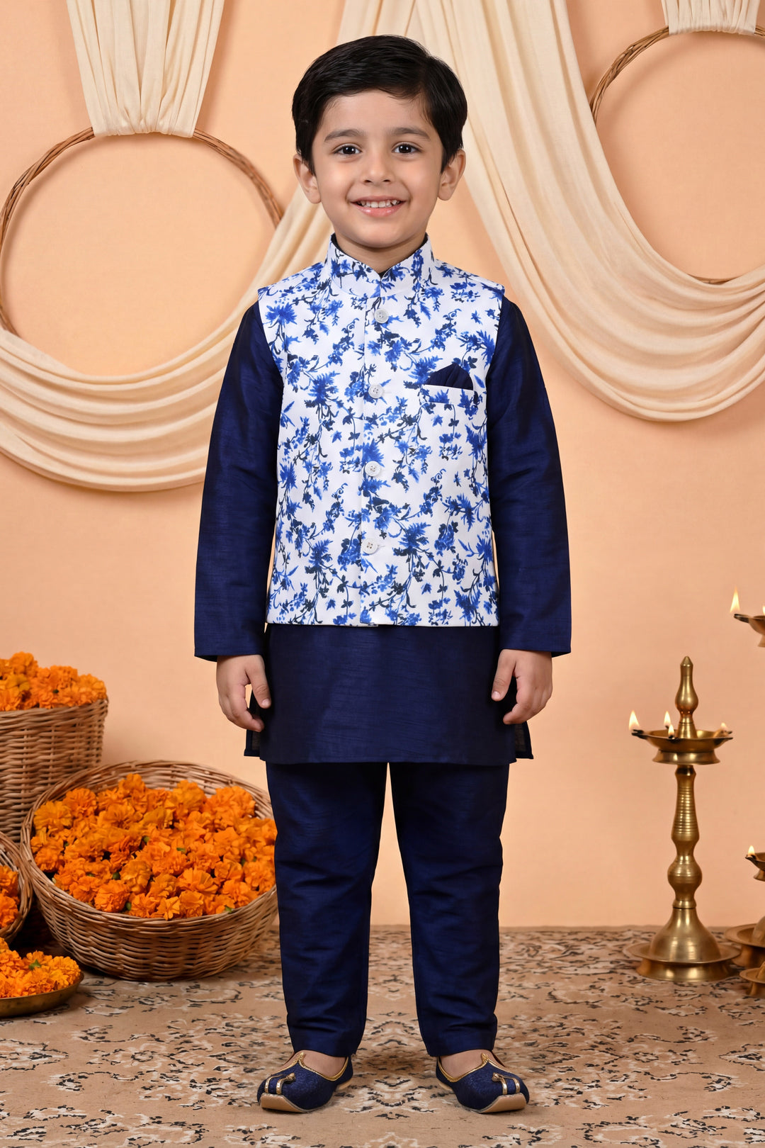 Boys Cotton Blend Kurta Pyjama Set with Floral Vine Printed Waistcoat - Navy Blue | SHOBITAM