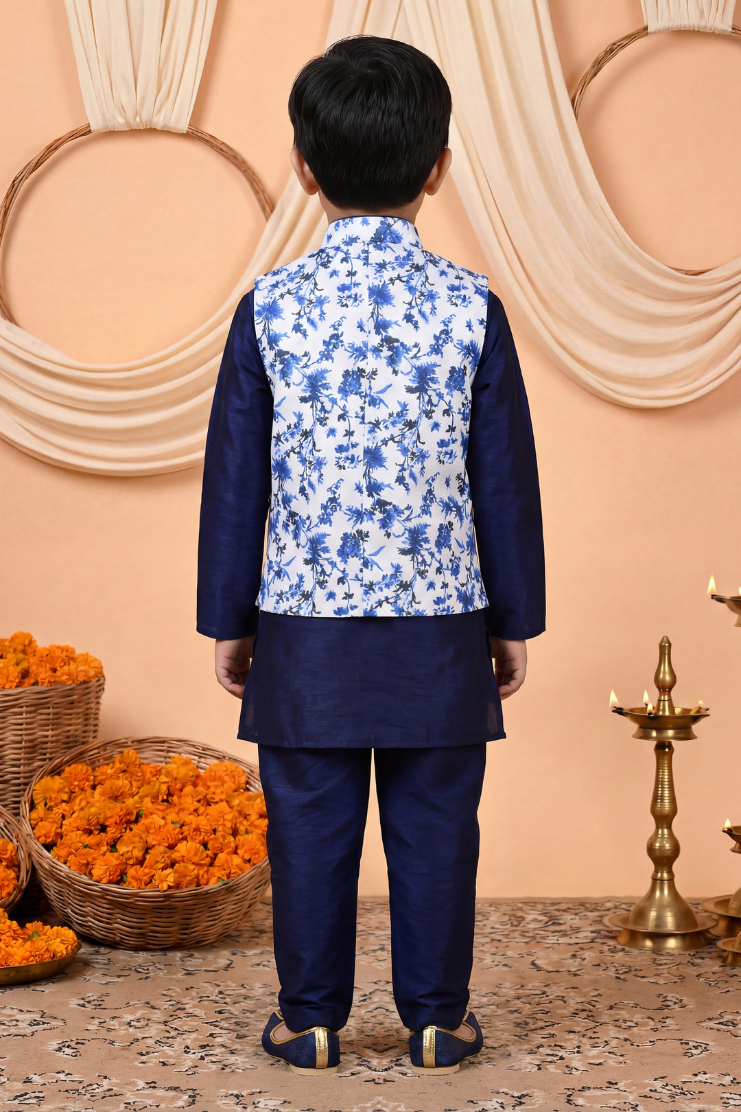 Boys Cotton Blend Kurta Pyjama Set with Floral Vine Printed Waistcoat - Navy Blue | SHOBITAM