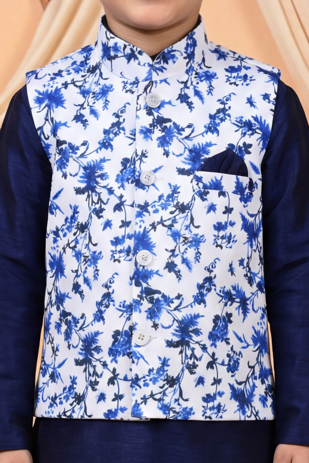 Boys Cotton Blend Kurta Pyjama Set with Floral Vine Printed Waistcoat - Navy Blue | SHOBITAM