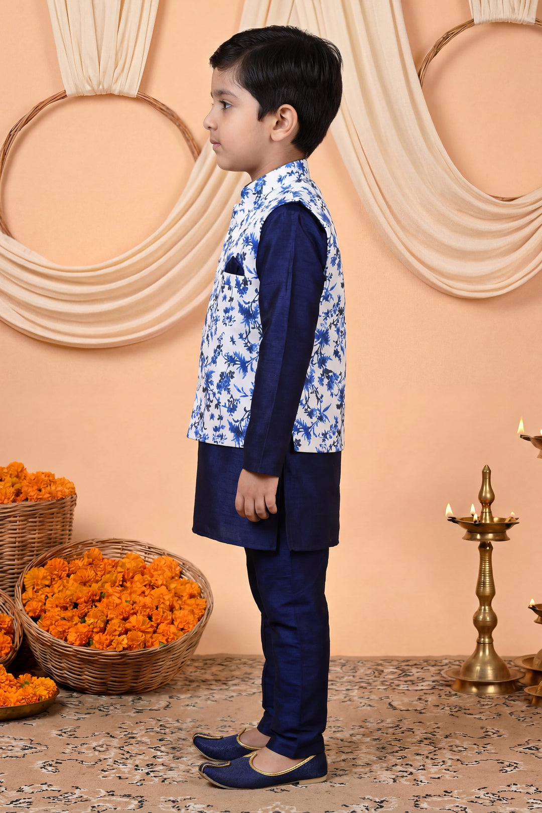 Boys Cotton Blend Kurta Pyjama Set with Floral Vine Printed Waistcoat - Navy Blue | SHOBITAM