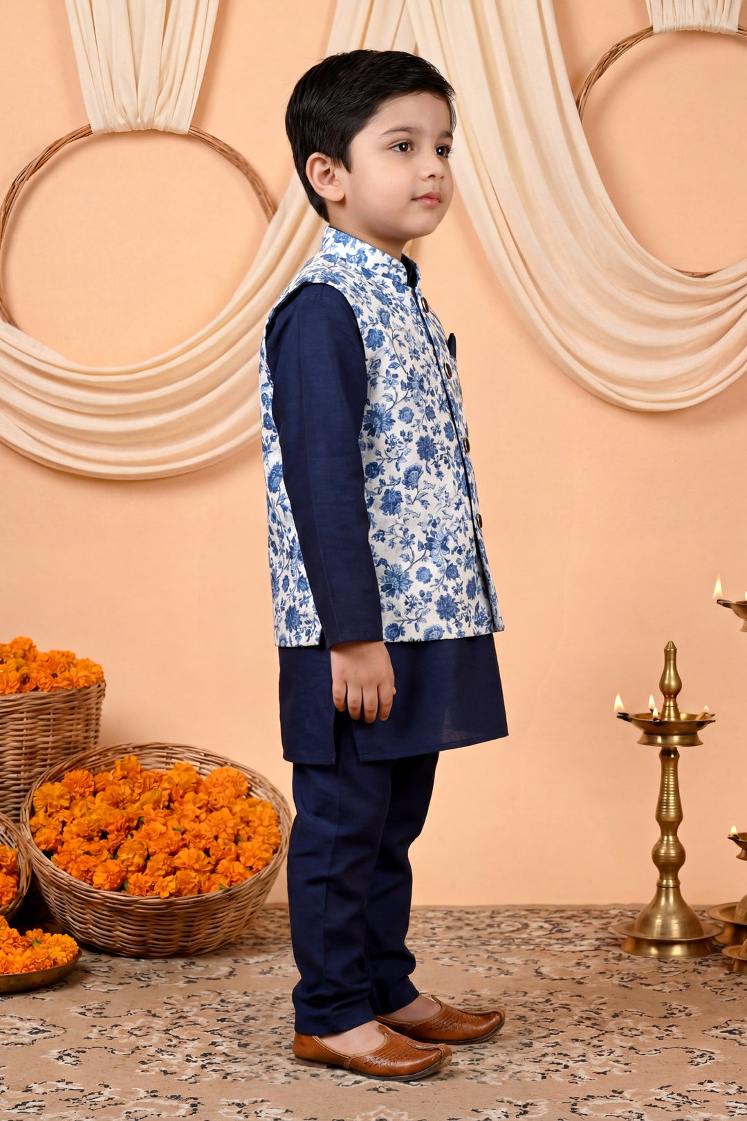 Boys Cotton Blend Kurta Pyjama Set with Floral Vine Printed Waistcoat - Navy Blue | SHOBITAM