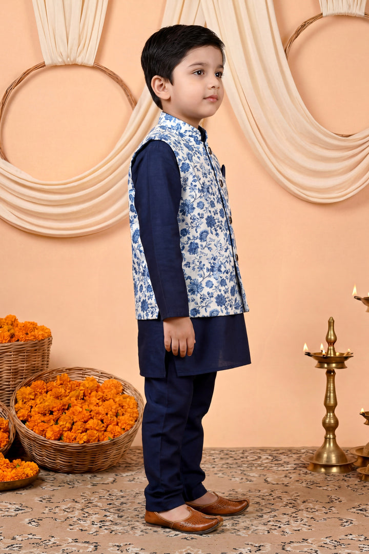 Boys Cotton Blend Kurta Pyjama Set with Floral Vine Printed Waistcoat - Navy Blue | SHOBITAM