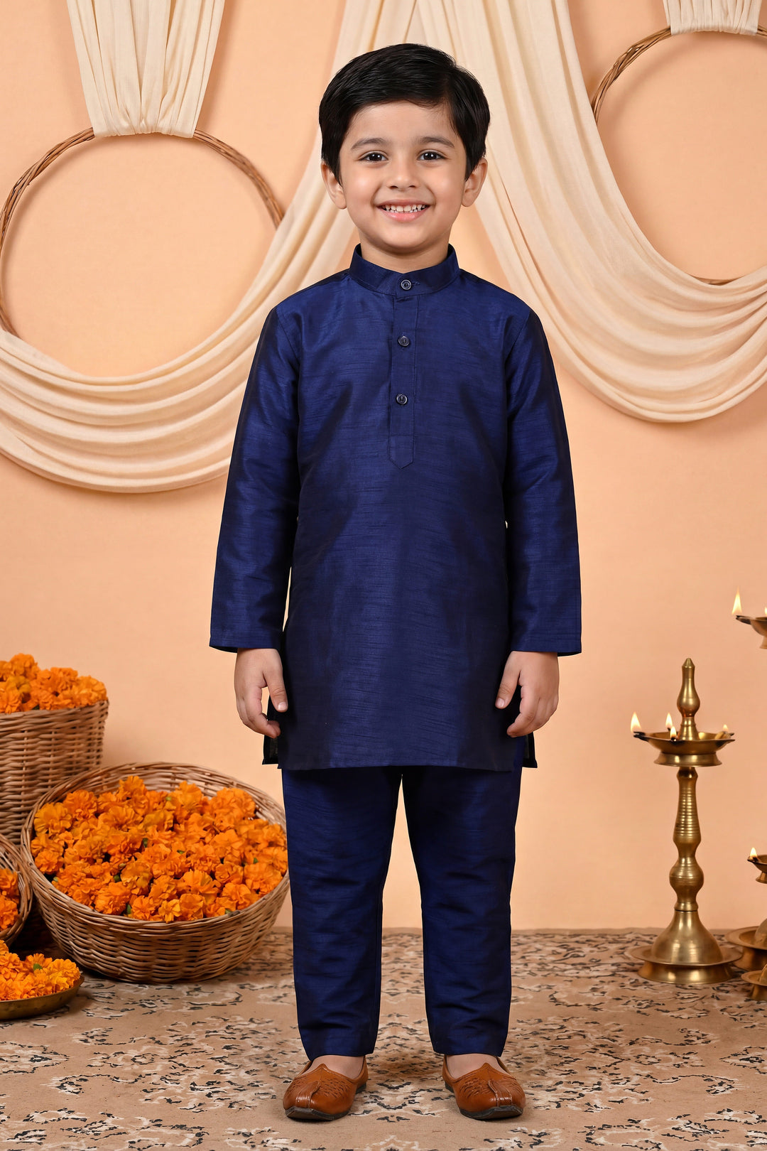 Boys Cotton Blend Kurta Pyjama Set with Floral Vine Printed Waistcoat - Navy Blue | SHOBITAM