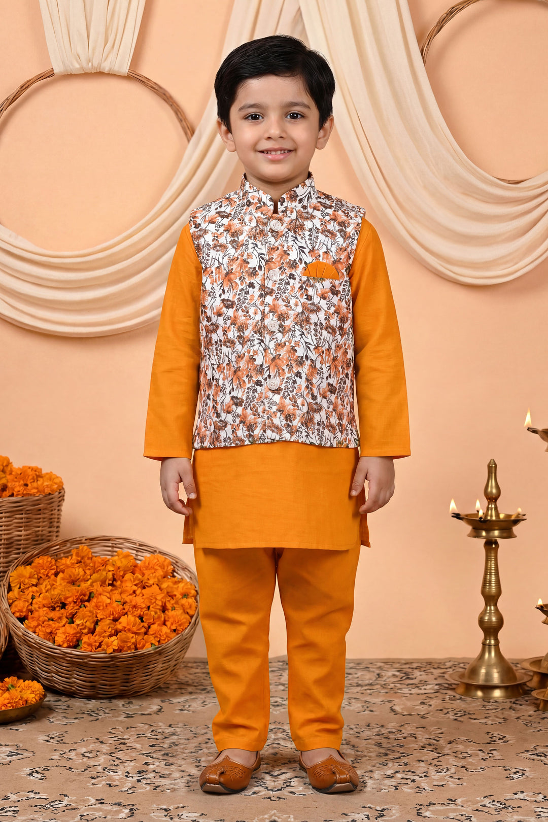 Boys Cotton Blend Kurta Pyjama Set with Floral Vine Printed Waistcoat - Mustard | SHOBITAM