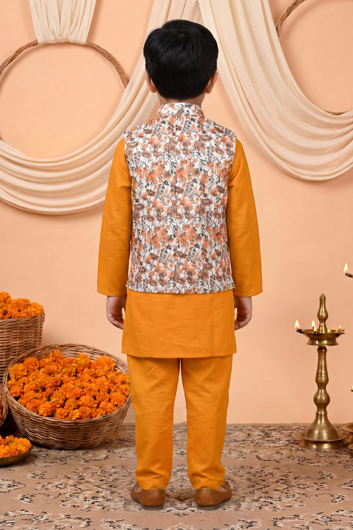 Boys Cotton Blend Kurta Pyjama Set with Floral Vine Printed Waistcoat - Mustard | SHOBITAM