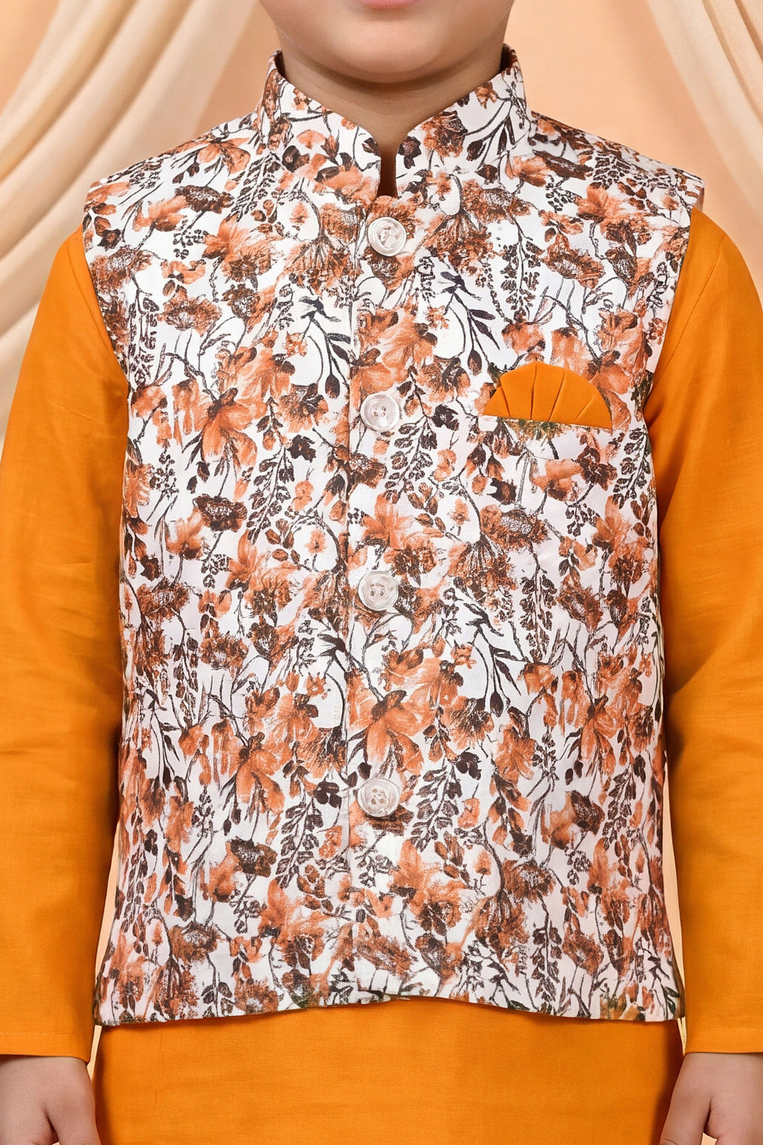 Boys Cotton Blend Kurta Pyjama Set with Floral Vine Printed Waistcoat - Mustard | SHOBITAM