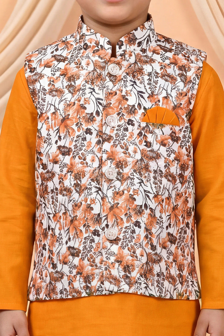 Boys Cotton Blend Kurta Pyjama Set with Floral Vine Printed Waistcoat - Mustard | SHOBITAM