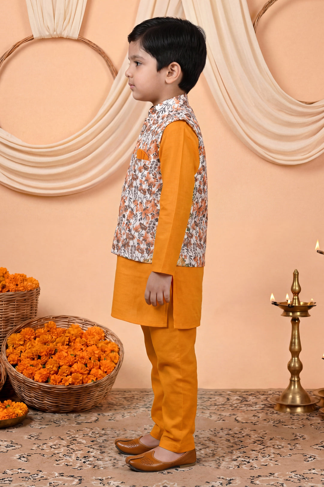 Boys Cotton Blend Kurta Pyjama Set with Floral Vine Printed Waistcoat - Mustard | SHOBITAM