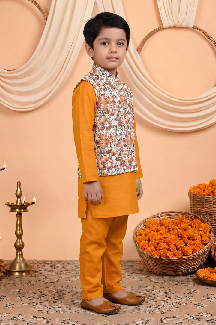 Boys Cotton Blend Kurta Pyjama Set with Floral Vine Printed Waistcoat - Mustard | SHOBITAM