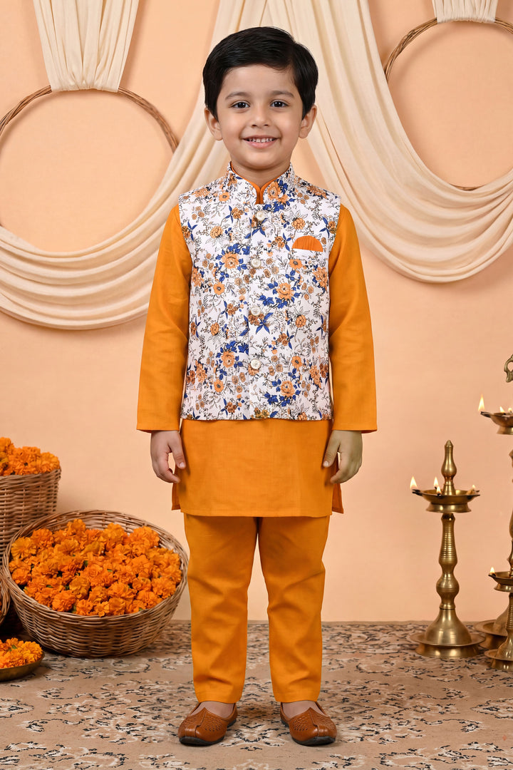 Boys Cotton Blend Kurta Pyjama Set with Floral Botanical Printed Waistcoat - Mustard | SHOBITAM