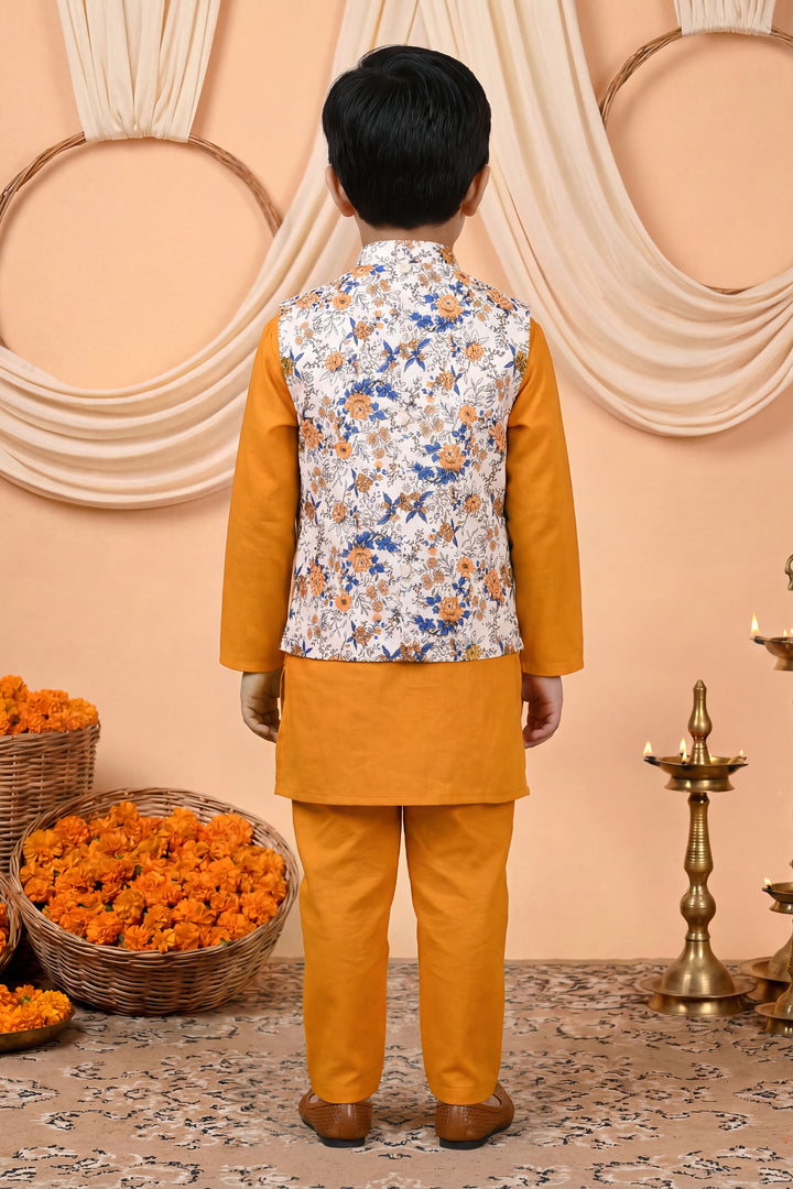 Boys Cotton Blend Kurta Pyjama Set with Floral Botanical Printed Waistcoat - Mustard | SHOBITAM