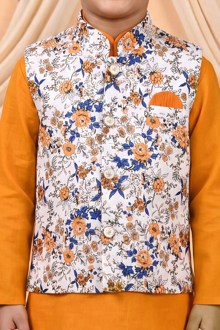 Boys Cotton Blend Kurta Pyjama Set with Floral Botanical Printed Waistcoat - Mustard | SHOBITAM
