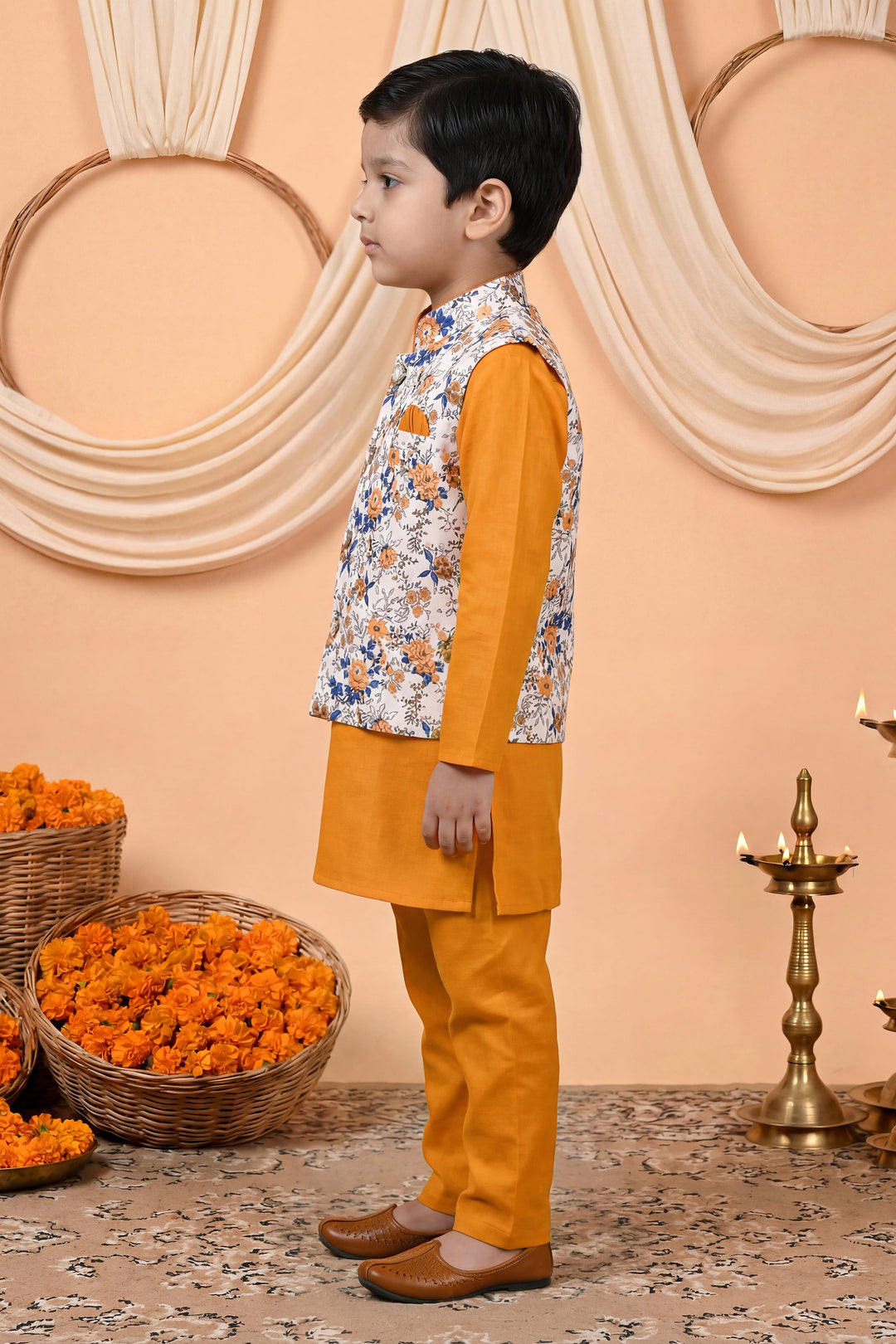 Boys Cotton Blend Kurta Pyjama Set with Floral Botanical Printed Waistcoat - Mustard | SHOBITAM