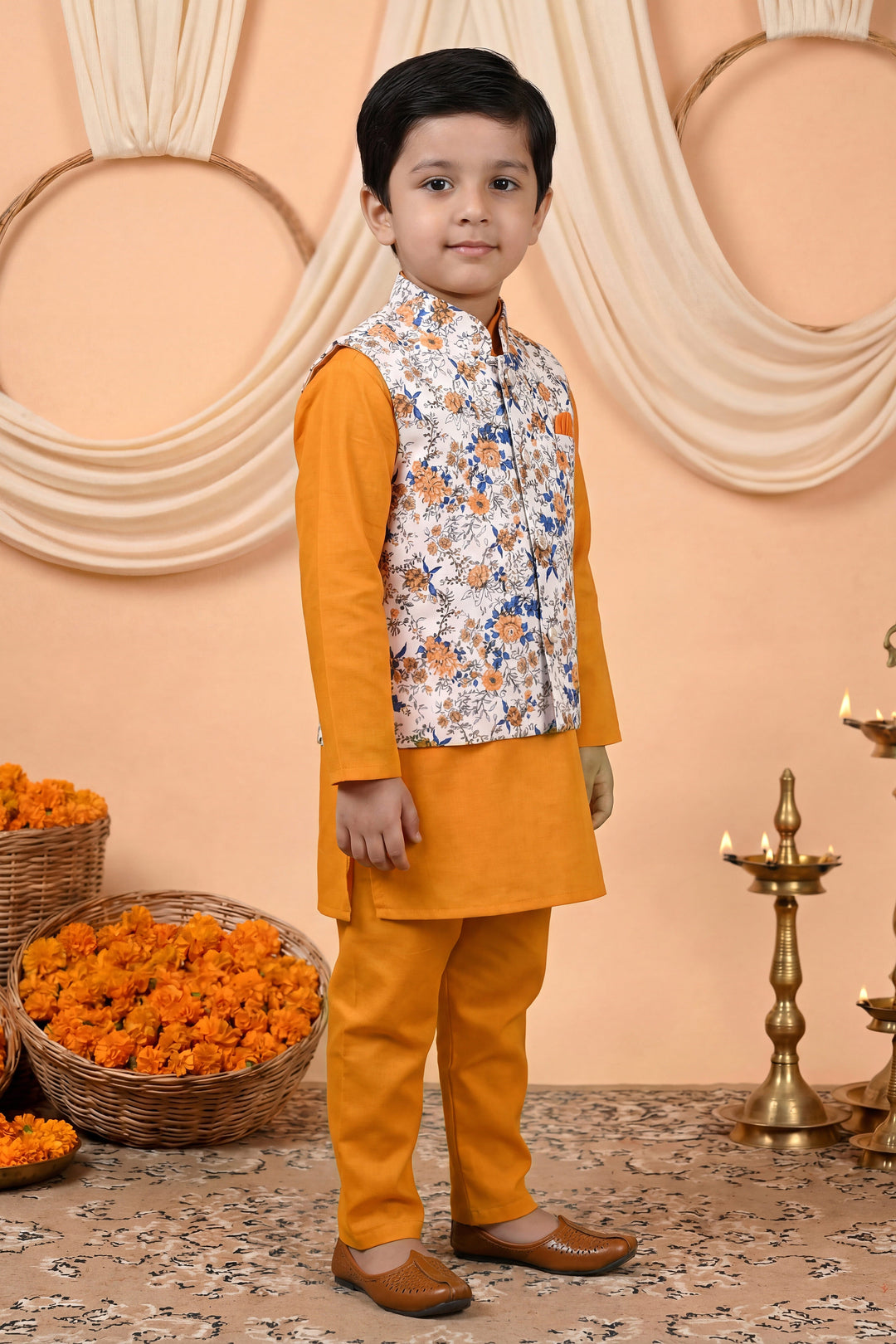 Boys Cotton Blend Kurta Pyjama Set with Floral Botanical Printed Waistcoat - Mustard | SHOBITAM