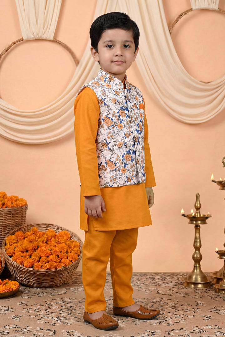 Boys Cotton Blend Kurta Pyjama Set with Floral Botanical Printed Waistcoat - Mustard | SHOBITAM