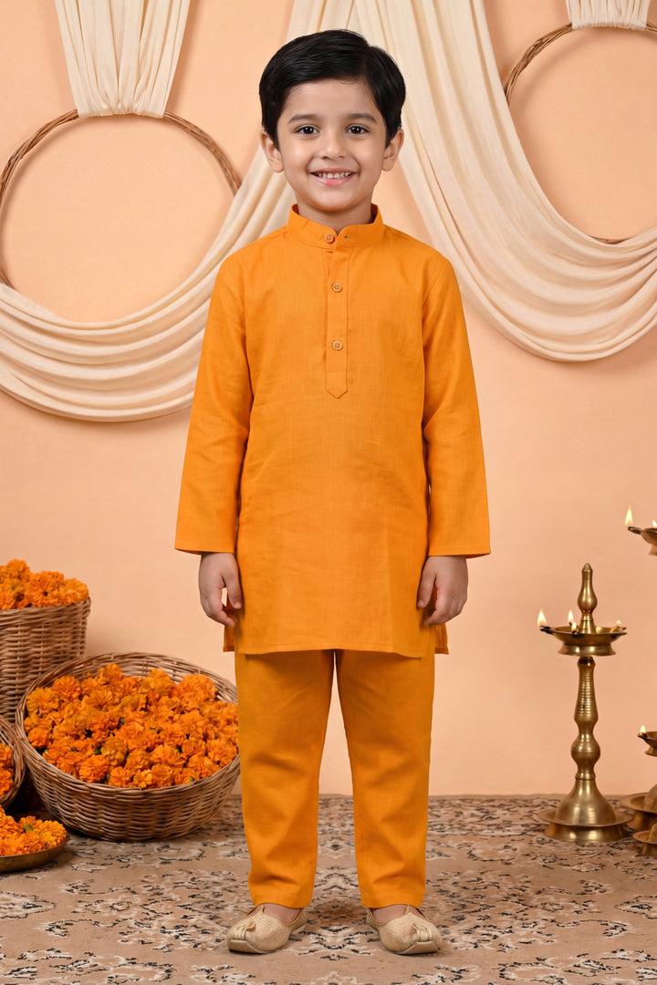 Boys Cotton Blend Kurta Pyjama Set with Floral Botanical Printed Waistcoat - Mustard | SHOBITAM