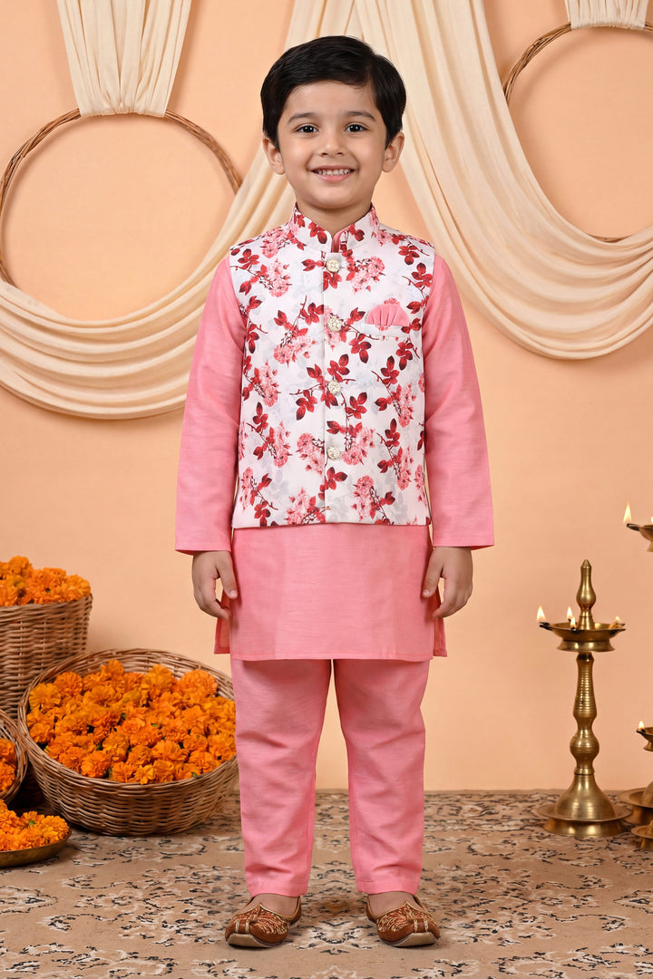 Boys Cotton Blend Kurta Pyjama Set with Floral Printed Waistcoat - Pink | SHOBITAM