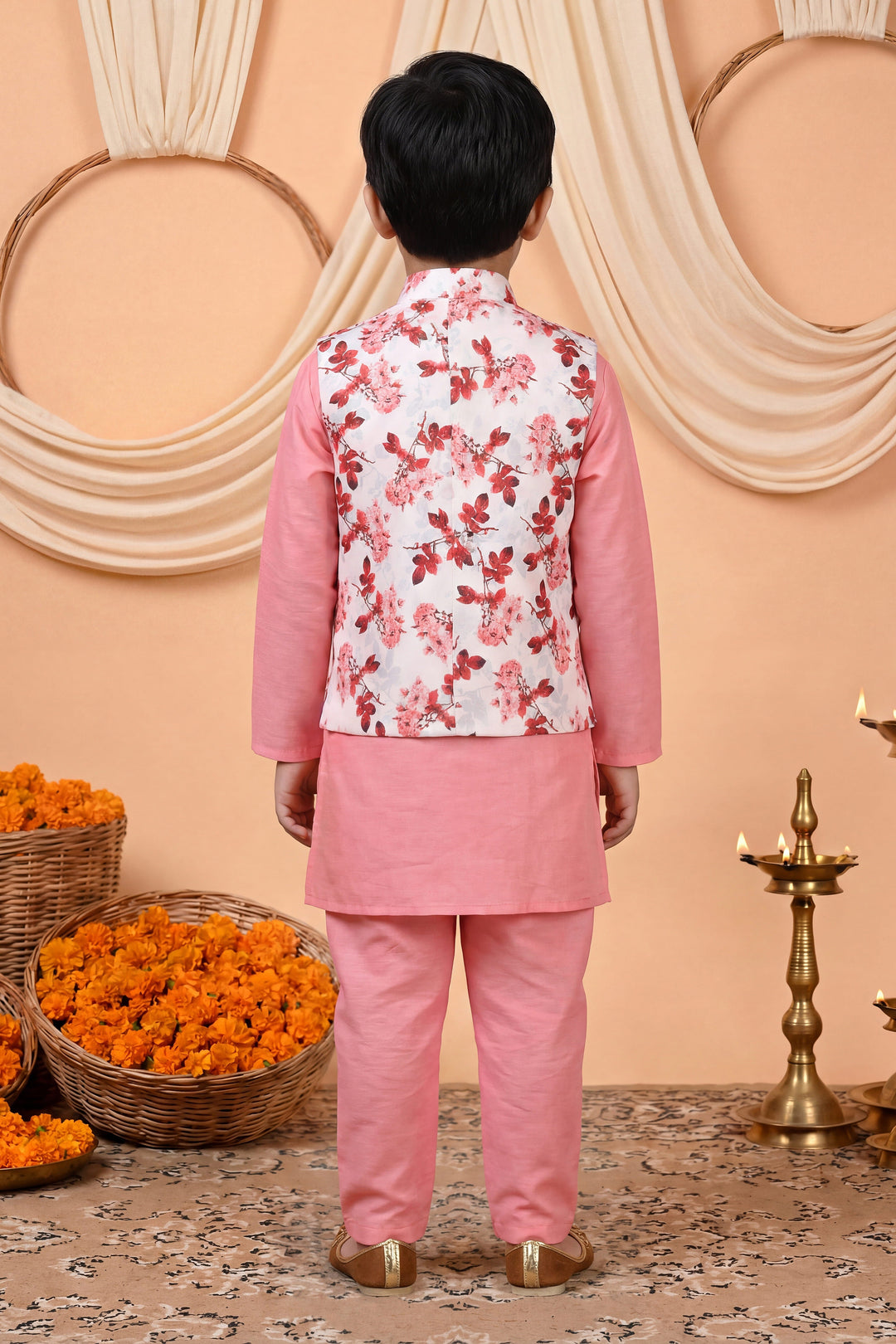 Boys Cotton Blend Kurta Pyjama Set with Floral Printed Waistcoat - Pink | SHOBITAM