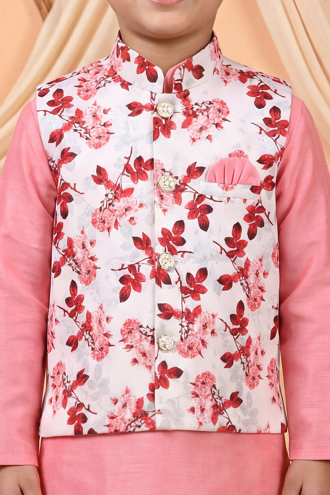 Boys Cotton Blend Kurta Pyjama Set with Floral Printed Waistcoat - Pink | SHOBITAM
