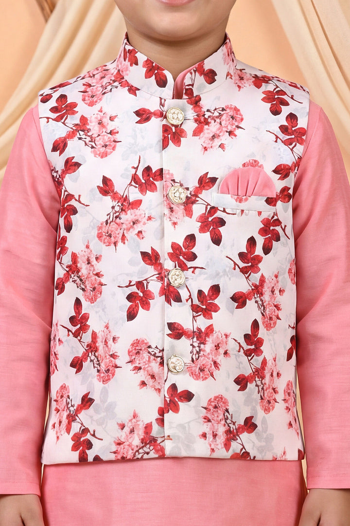 Boys Cotton Blend Kurta Pyjama Set with Floral Printed Waistcoat - Pink | SHOBITAM