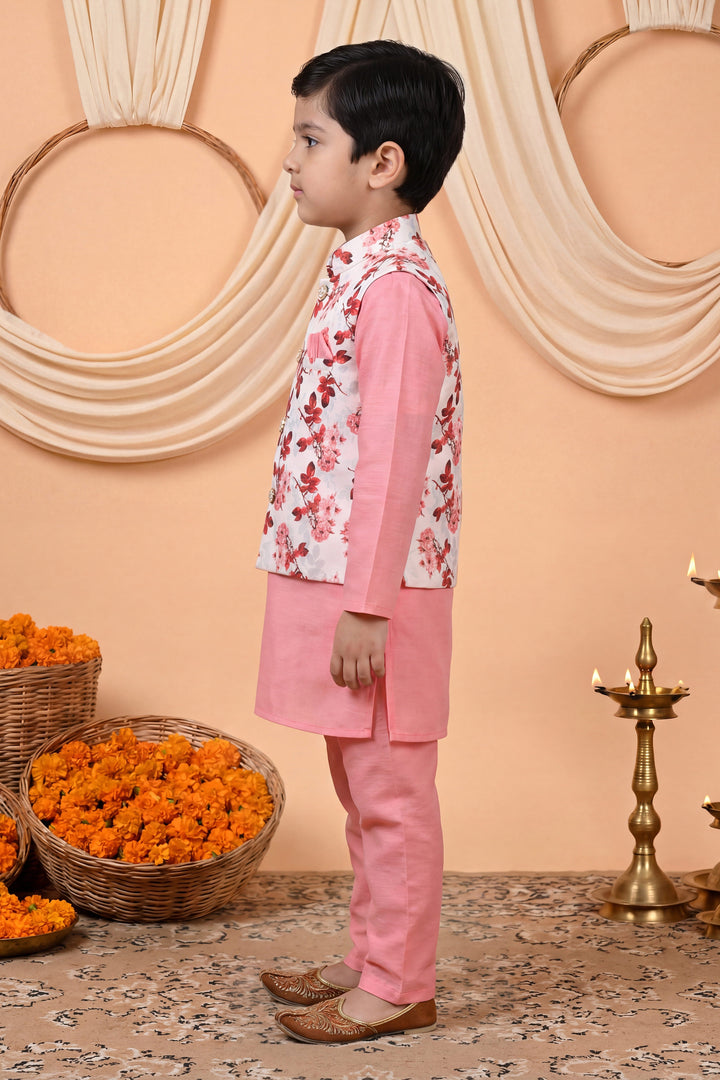 Boys Cotton Blend Kurta Pyjama Set with Floral Printed Waistcoat - Pink | SHOBITAM