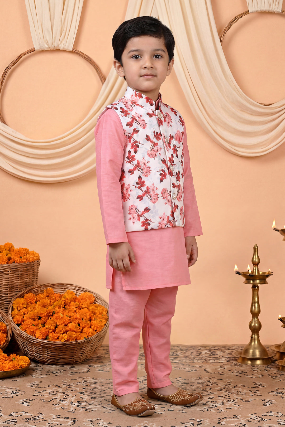 Boys Cotton Blend Kurta Pyjama Set with Floral Printed Waistcoat - Pink | SHOBITAM