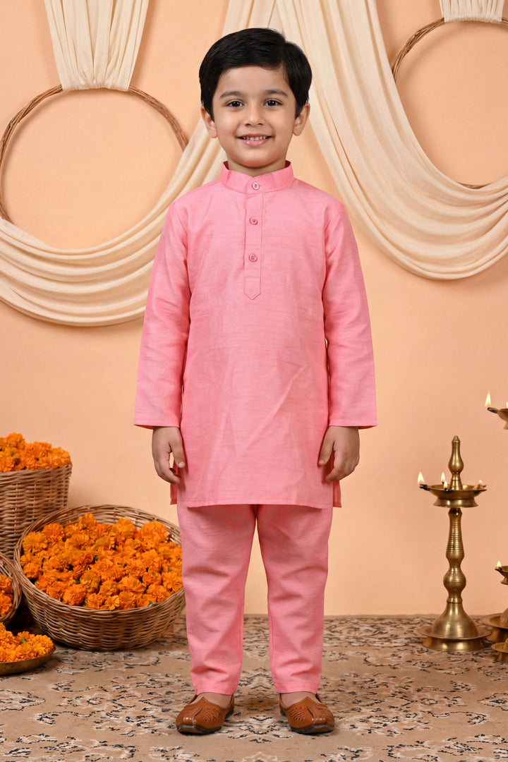 Boys Cotton Blend Kurta Pyjama Set with Floral Printed Waistcoat - Pink | SHOBITAM