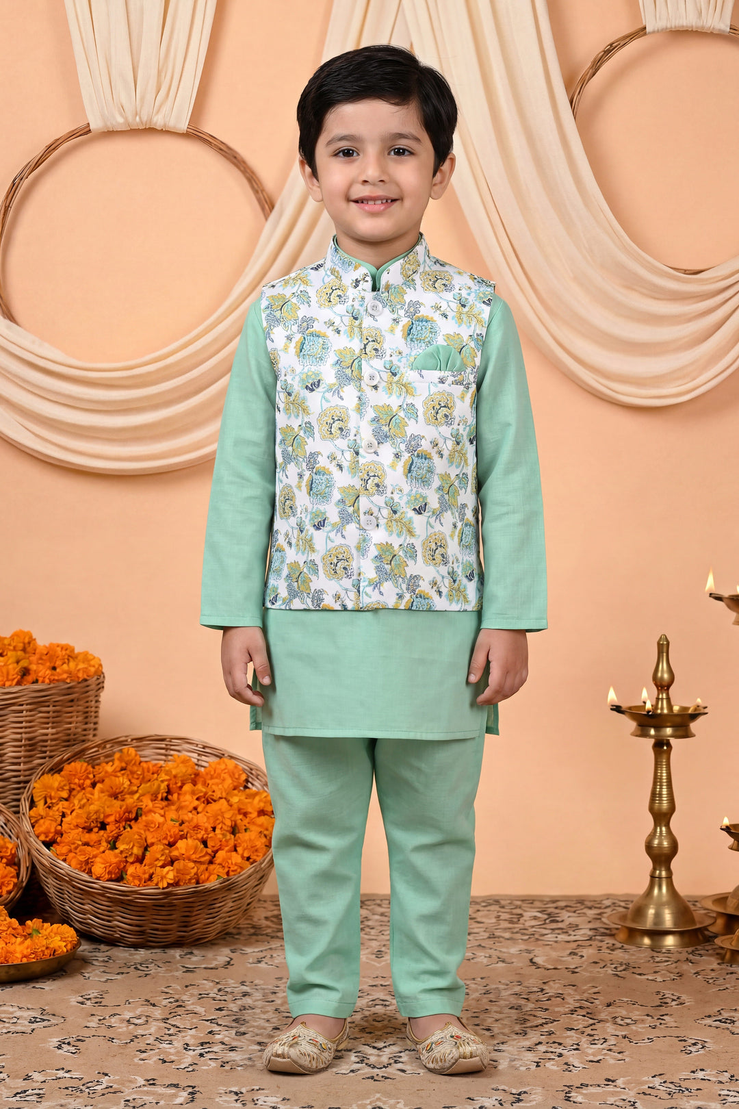 Boys Cotton Blend Kurta Pyjama Set with Floral Botanical Printed Waistcoat - Mint Green | SHOBITAM