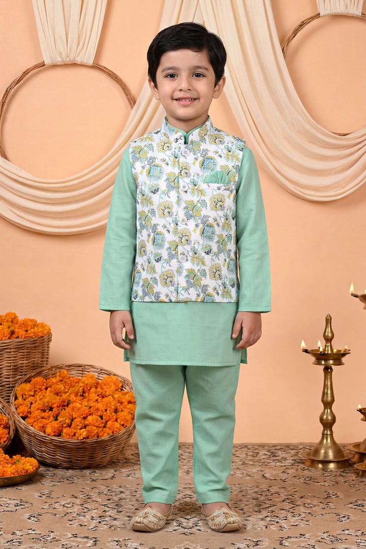 Boys Cotton Blend Kurta Pyjama Set with Floral Botanical Printed Waistcoat - Mint Green | SHOBITAM