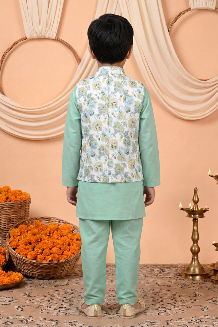 Boys Cotton Blend Kurta Pyjama Set with Floral Botanical Printed Waistcoat - Mint Green | SHOBITAM