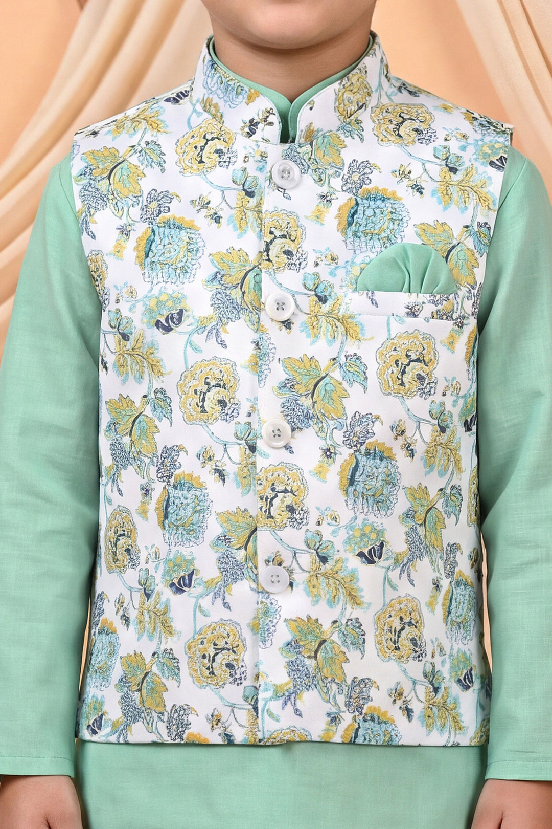 Boys Cotton Blend Kurta Pyjama Set with Floral Botanical Printed Waistcoat - Mint Green | SHOBITAM