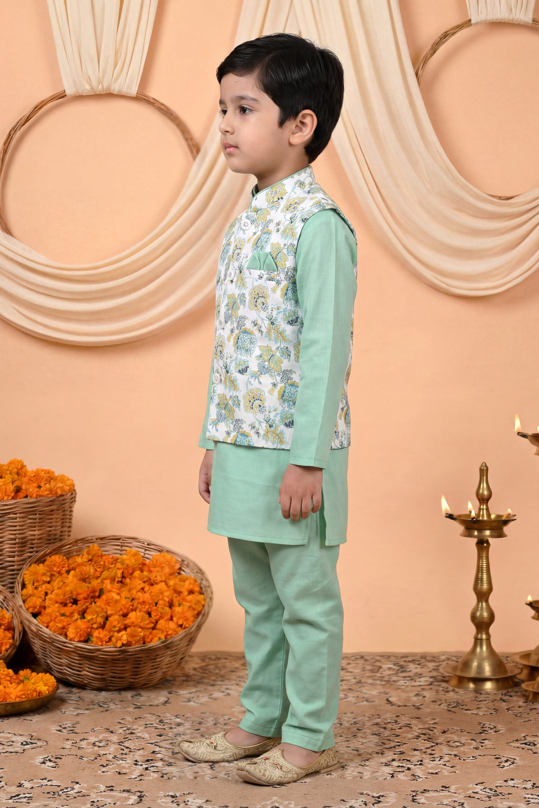 Boys Cotton Blend Kurta Pyjama Set with Floral Botanical Printed Waistcoat - Mint Green | SHOBITAM