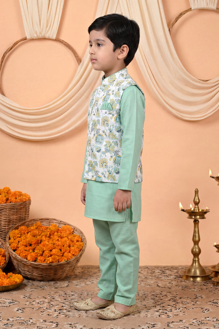 Boys Cotton Blend Kurta Pyjama Set with Floral Botanical Printed Waistcoat - Mint Green | SHOBITAM