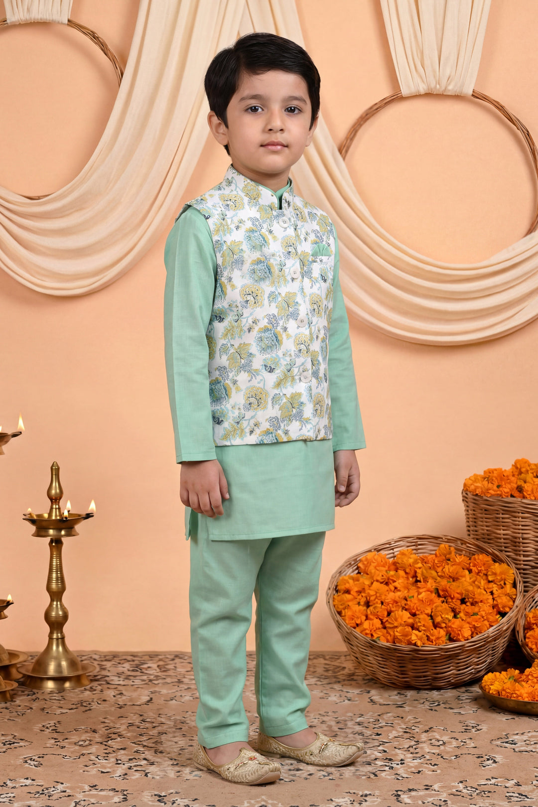 Boys Cotton Blend Kurta Pyjama Set with Floral Botanical Printed Waistcoat - Mint Green | SHOBITAM