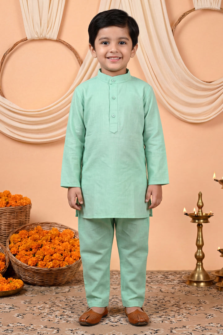 Boys Cotton Blend Kurta Pyjama Set with Floral Botanical Printed Waistcoat - Mint Green | SHOBITAM