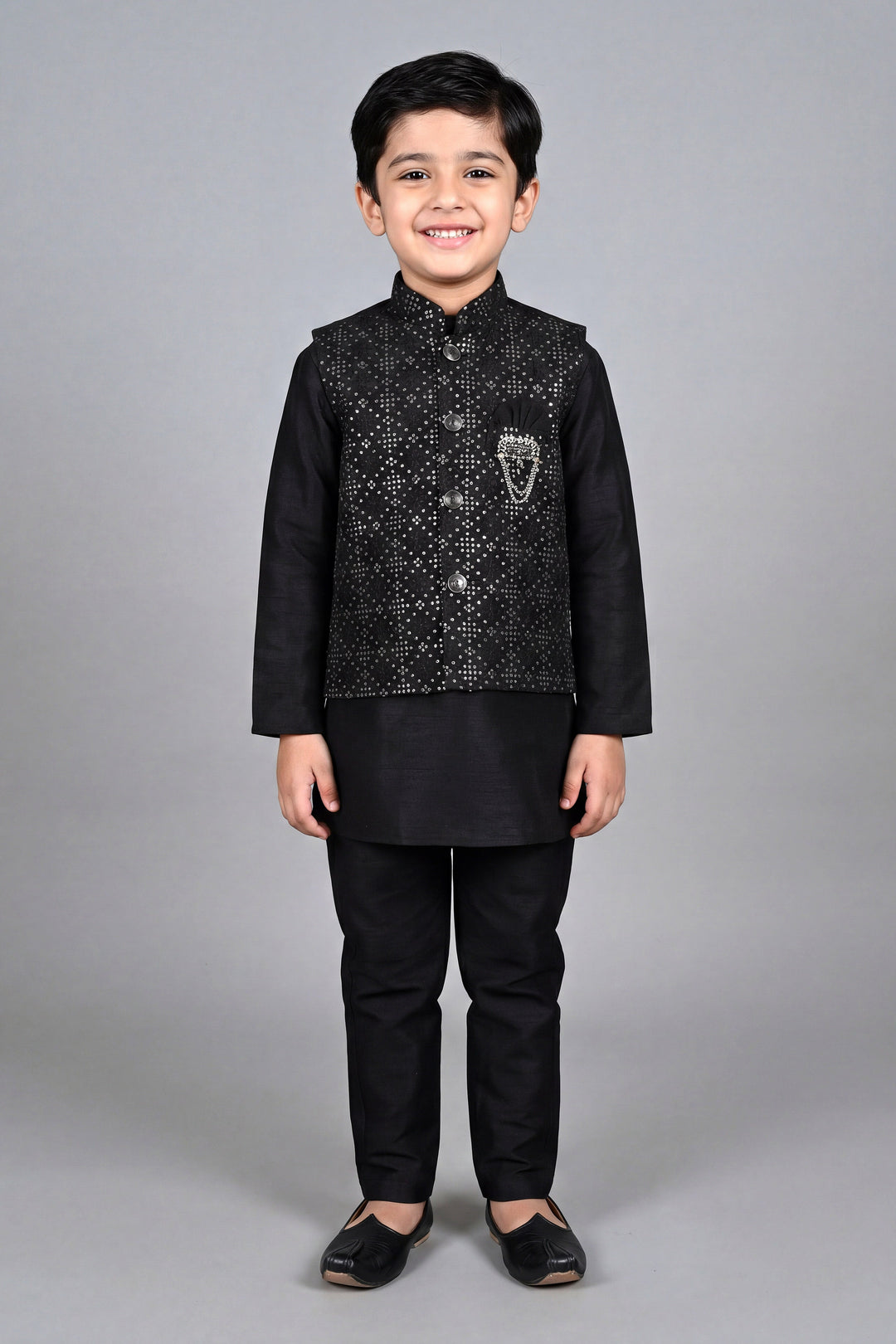 Boys Cotton Silk Kurta Pyjama Set with Geometric Sequined Waistcoat - Black | SHOBITAM