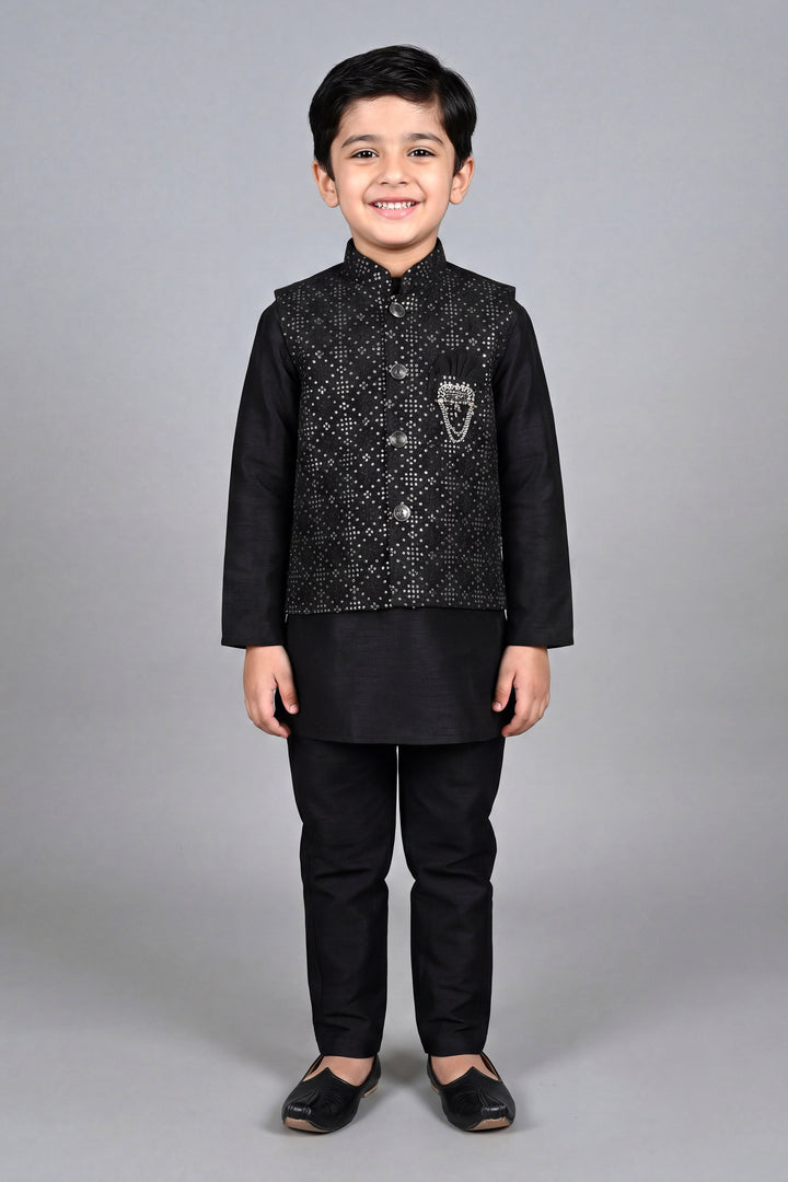 Boys Cotton Silk Kurta Pyjama Set with Geometric Sequined Waistcoat - Black | SHOBITAM
