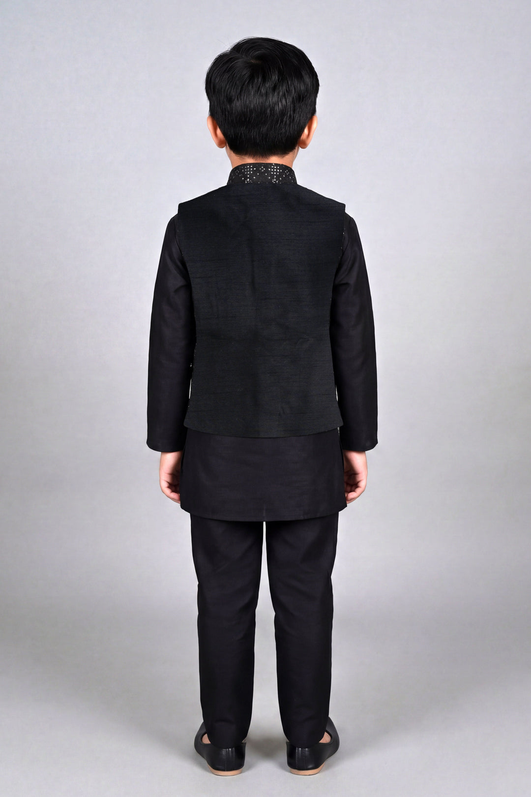 Boys Cotton Silk Kurta Pyjama Set with Geometric Sequined Waistcoat - Black | SHOBITAM
