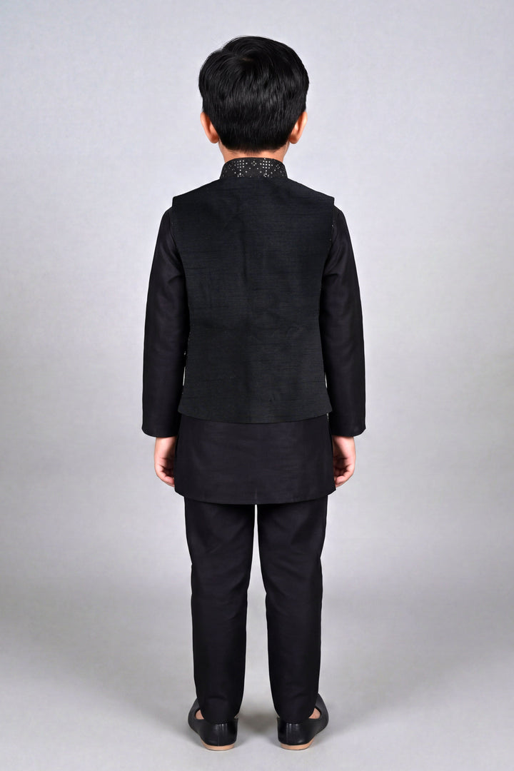 Boys Cotton Silk Kurta Pyjama Set with Geometric Sequined Waistcoat - Black | SHOBITAM