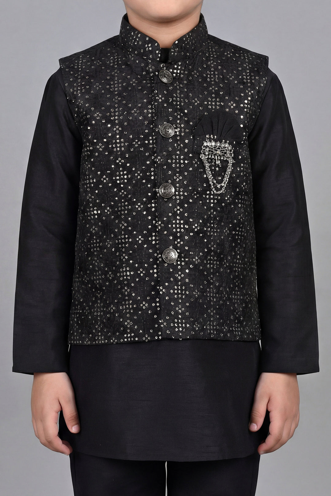 Boys Cotton Silk Kurta Pyjama Set with Geometric Sequined Waistcoat - Black | SHOBITAM