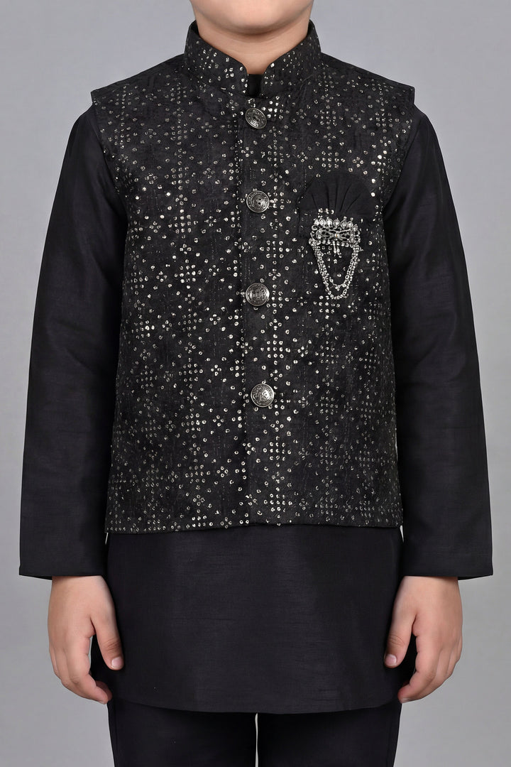 Boys Cotton Silk Kurta Pyjama Set with Geometric Sequined Waistcoat - Black | SHOBITAM