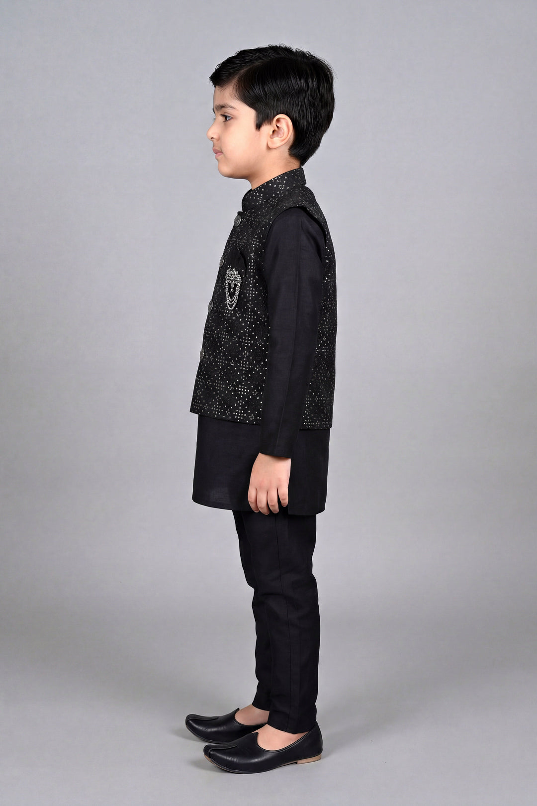 Boys Cotton Silk Kurta Pyjama Set with Geometric Sequined Waistcoat - Black | SHOBITAM