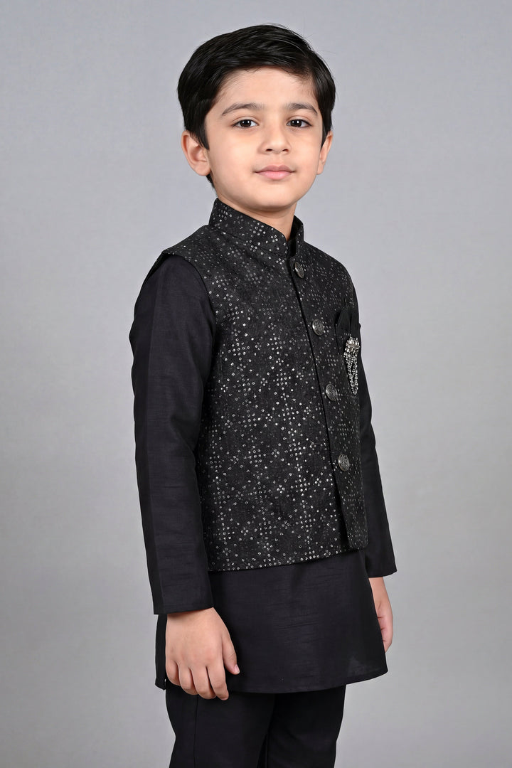 Boys Cotton Silk Kurta Pyjama Set with Geometric Sequined Waistcoat - Black | SHOBITAM