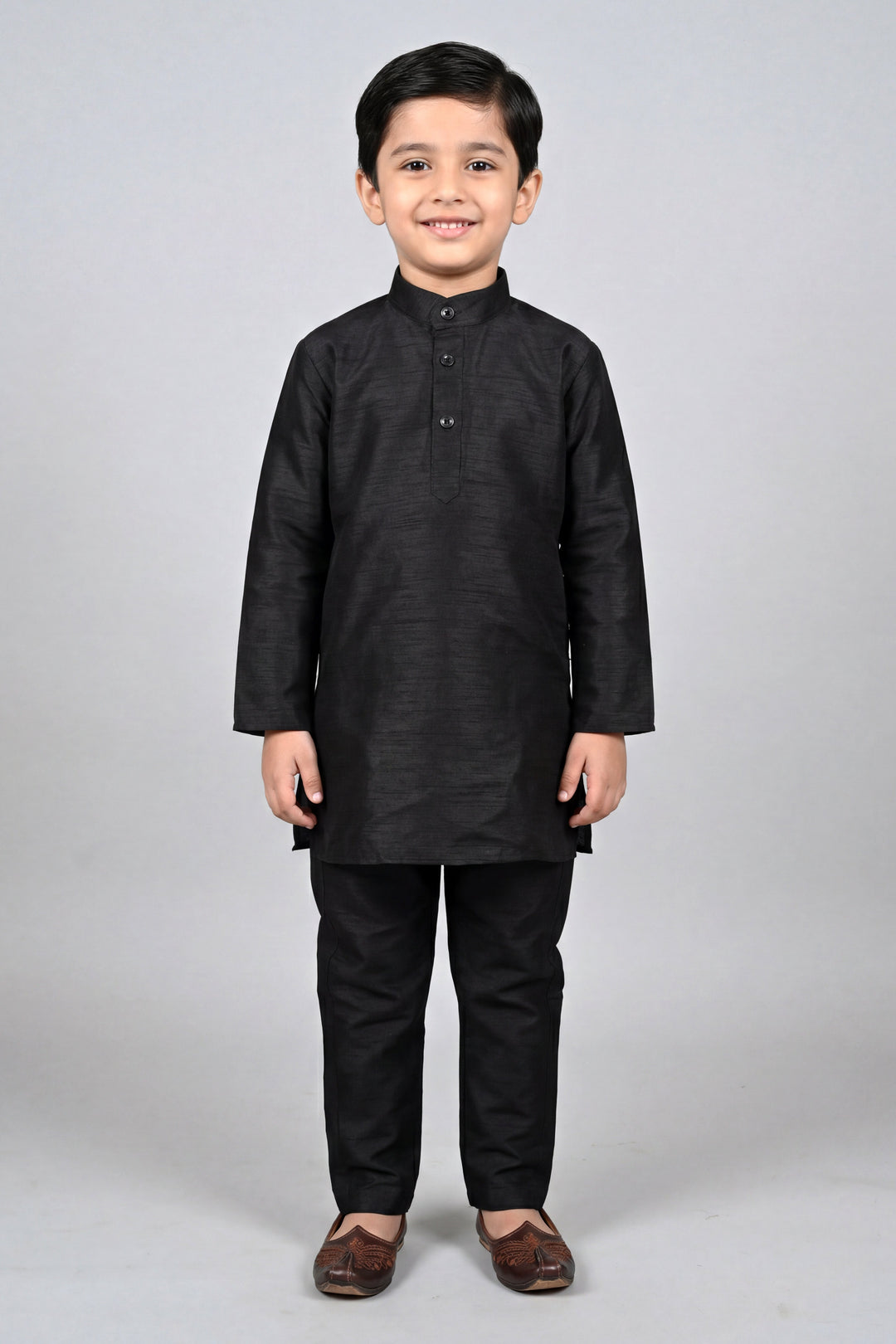Boys Cotton Silk Kurta Pyjama Set with Geometric Sequined Waistcoat - Black | SHOBITAM