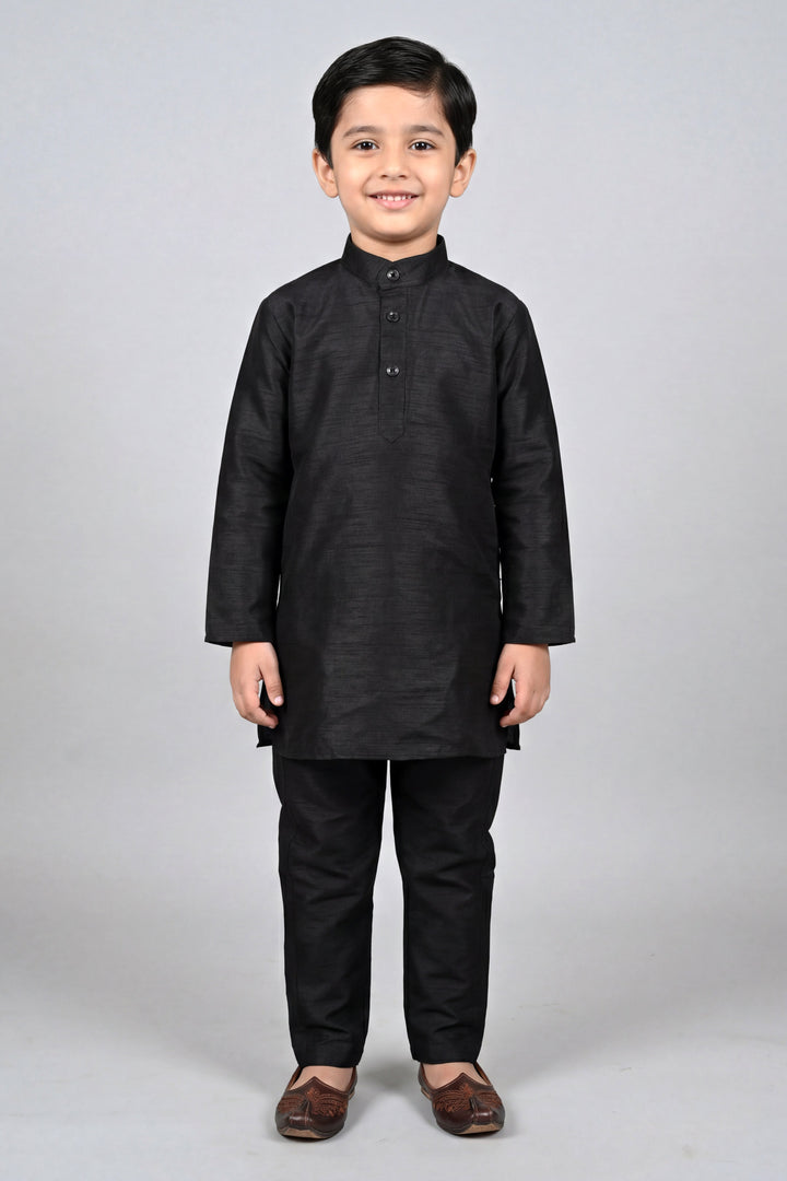Boys Cotton Silk Kurta Pyjama Set with Geometric Sequined Waistcoat - Black | SHOBITAM